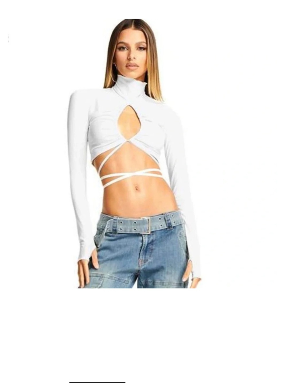 I.AM.GIA Afia Lace Up Turtleneck White Wrap Cut Out Crop Top Shirt